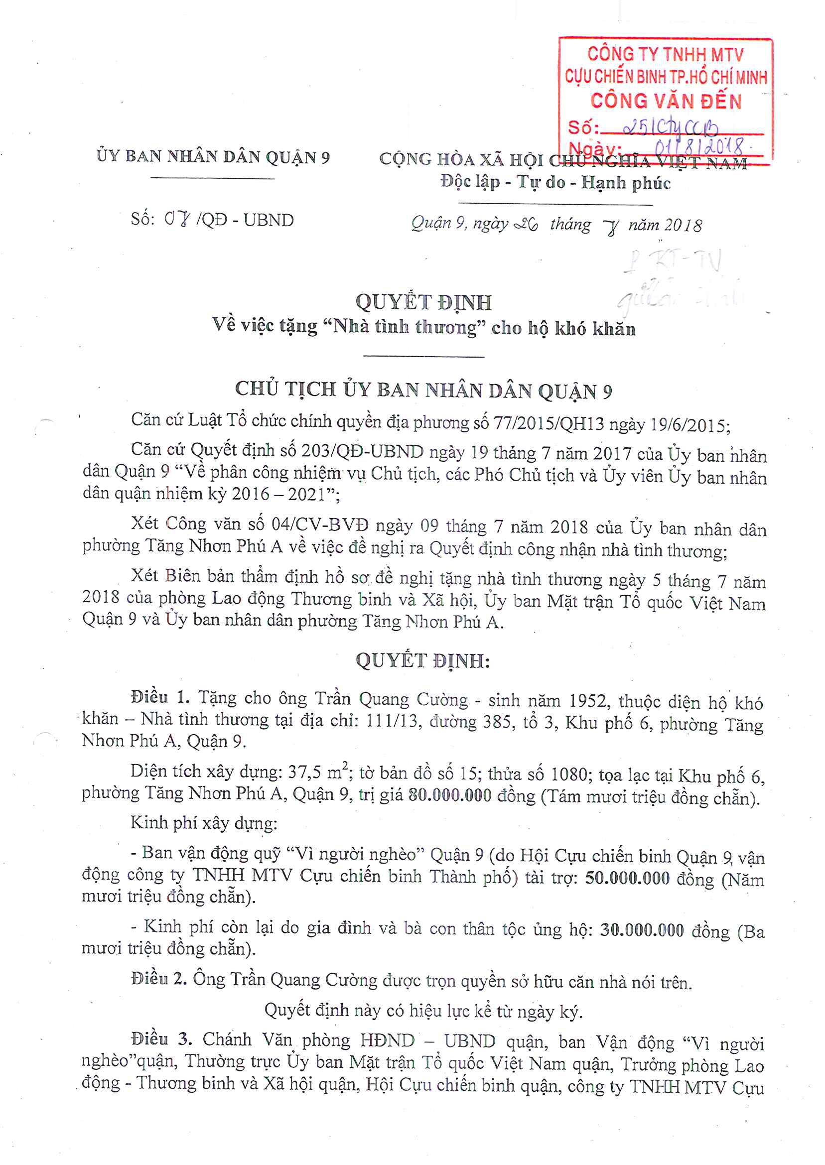Tài trợ kinh phí xây dựng nhà tình thương tại quận 9 năm 2018.